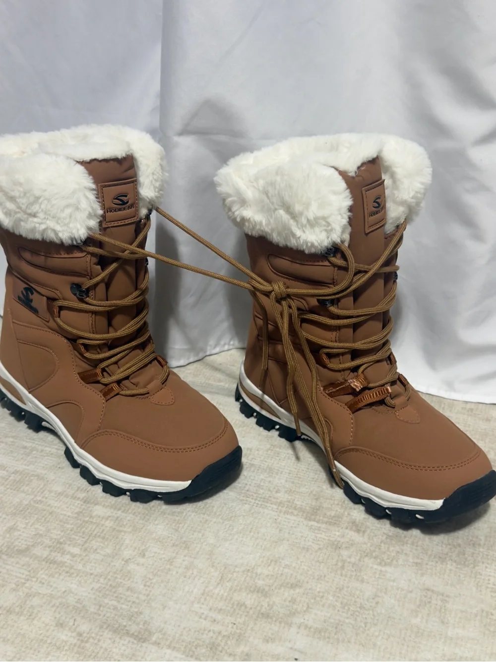 Hobibear Waterproof Winter Snow Boots Faux Fur Trim Lace Up Tan Brown